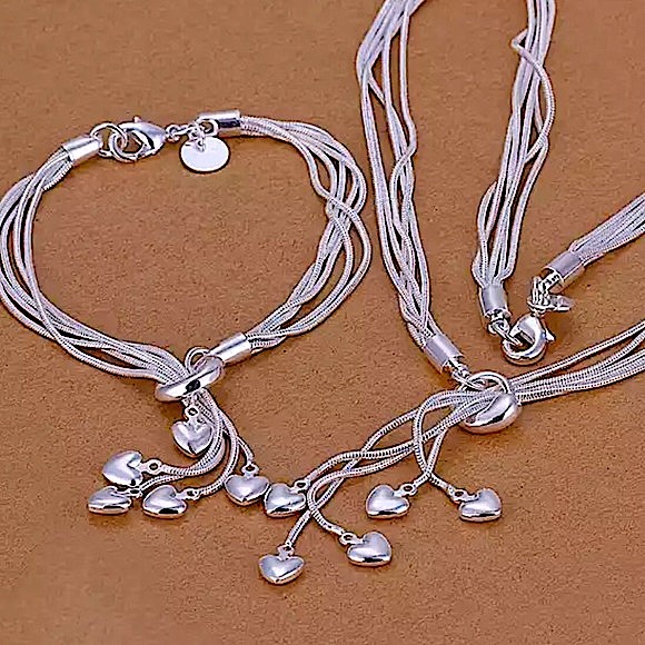 Heart Sterling Silver Tassel Charm Necklace Matching Bracelet Earrings Set - Picture 5 of 9